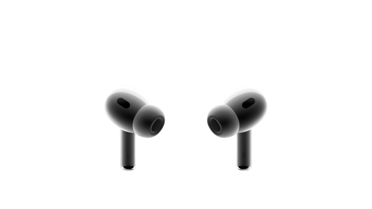 两只白色的 AirPods Pro 耳机面对面摆放,外形小巧,均配有黑色网罩,已安装硅胶耳塞。