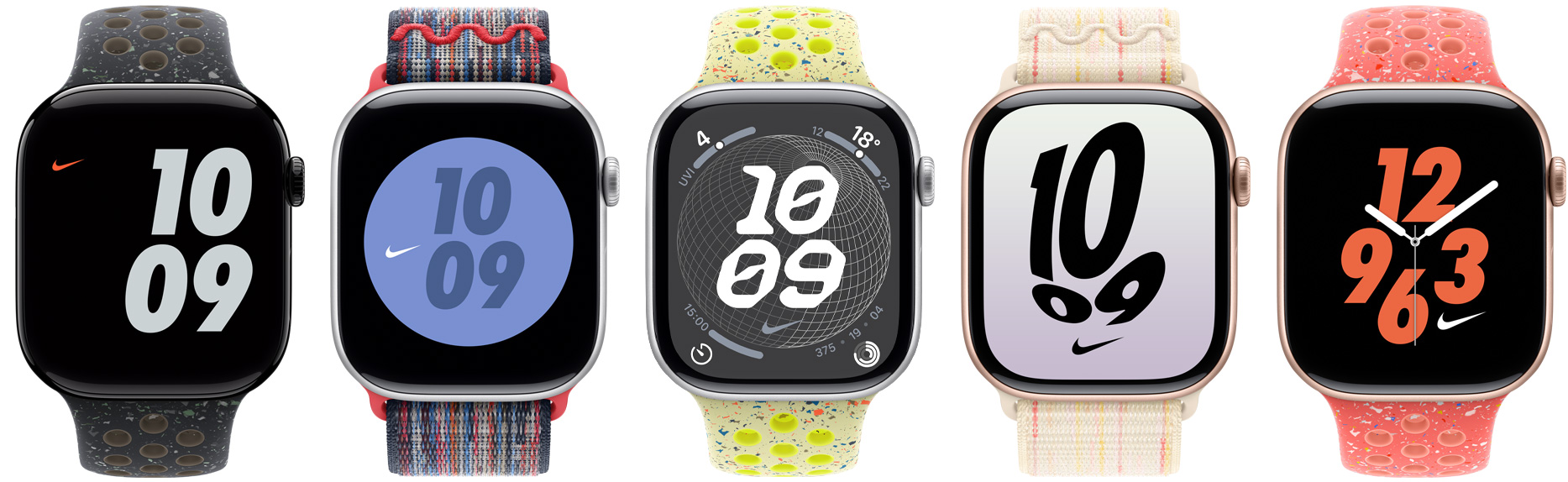 五只 Apple Watch 设备各自搭配 Nike 运动表带和 Nike 回环式运动表带,展示色彩各异的 Nike 表盘。