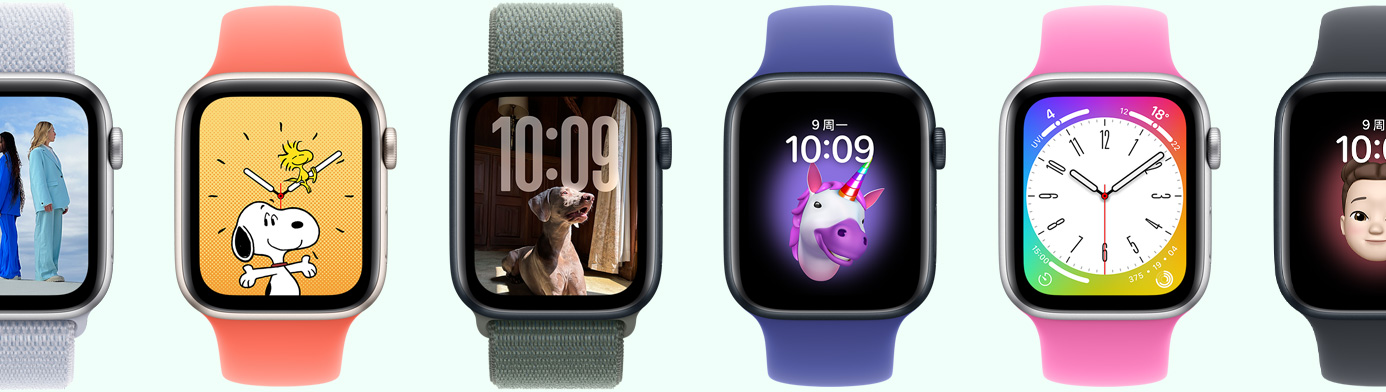 多只 Apple Watch 展示各种表盘选择