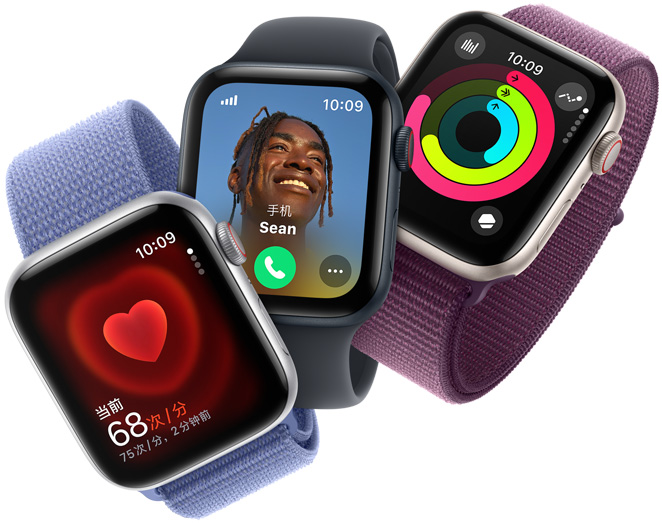 三只 Apple Watch SE 设备，分别显示心率监测、电话呼入和健身记录圆环。