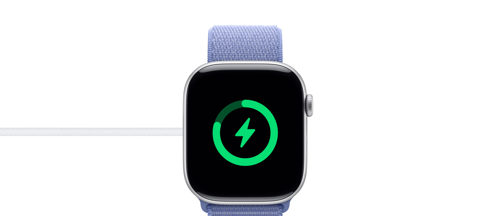 Apple Watch Series 10 在磁力充电器上，展示其充电状态。