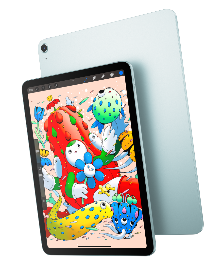 11 英寸 iPad Air 机型的正面外观,屏幕显示 Procreate,与另一部蓝色 iPad Air 的背面外观部分重叠。