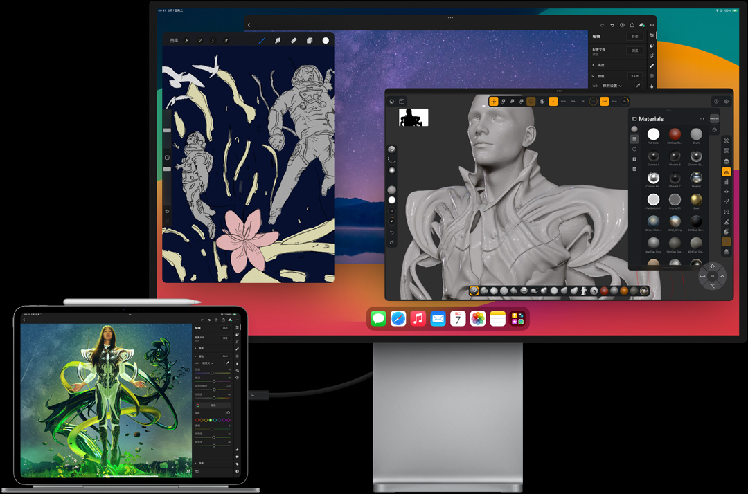 iPad Pro 与妙控键盘相连,横屏放置,同时连接着一台外接显示器,两个屏幕显示均在编辑图像。