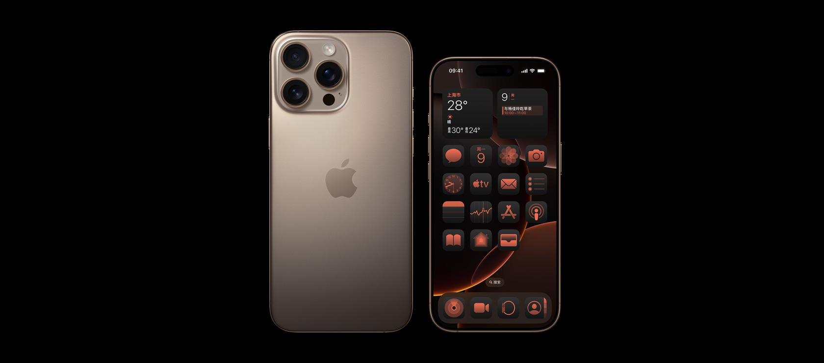 沙漠色钛金属外观 6.9 英寸 iPhone 16 Pro Max 的背面视图,以及 6.3 英寸 iPhone 16 Pro 的正面视图。