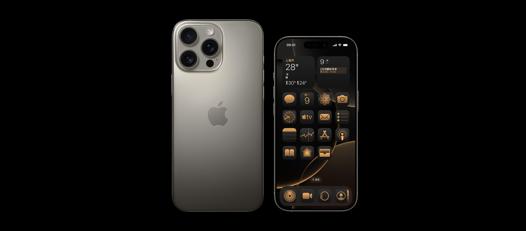 原色钛金属外观 6.9 英寸 iPhone 16 Pro Max 的背面视图,以及 6.3 英寸 iPhone 16 Pro 的正面视图。