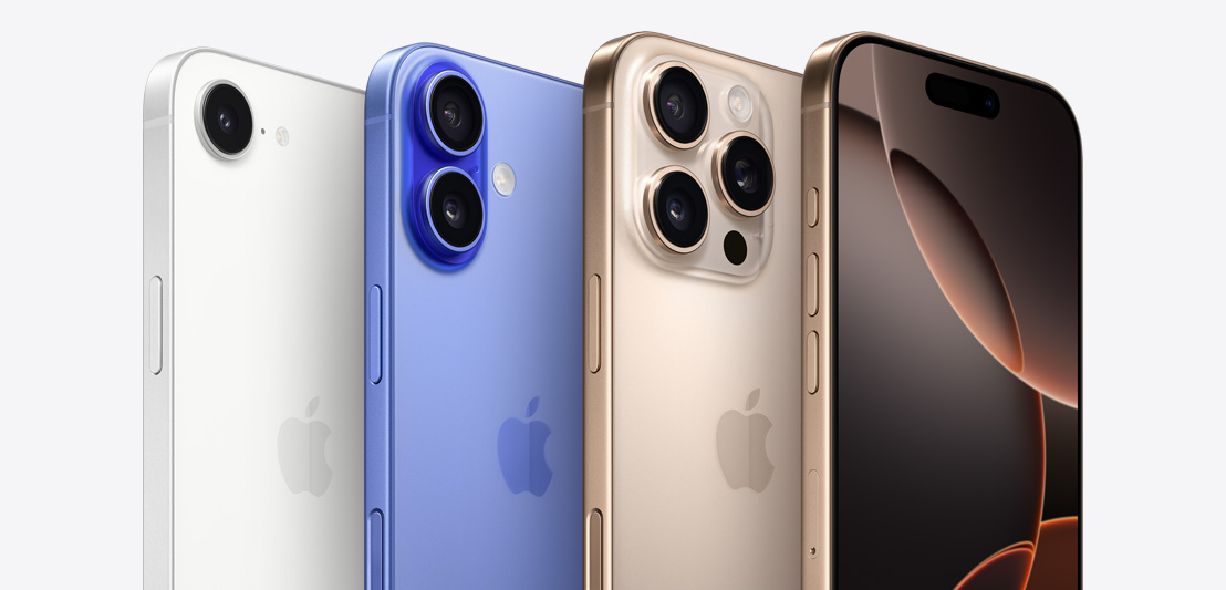 四部 iPhone 设备，其中一部沙漠色钛金属外观的 iPhone 16 Pro 展示三颗摄像头镜头，另一部 iPhone 16 Pro 展示灵动岛，还有一部群青色 iPhone 16 展示两颗摄像头镜头，以及一部白色 iPhone 16e 展示一颗摄像头镜头。