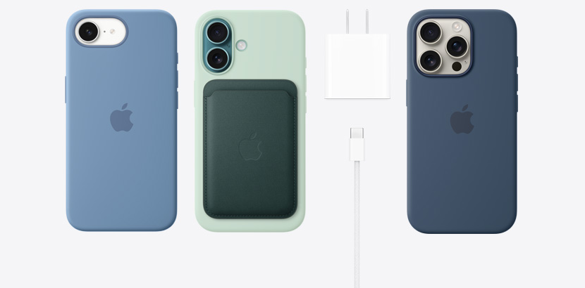 iPhone 16e 等 iPhone 16 系列产品搭配多款硅胶保护壳等配件，还包括 20W USB-C 电源适配器和 60W USB-C 充电线。