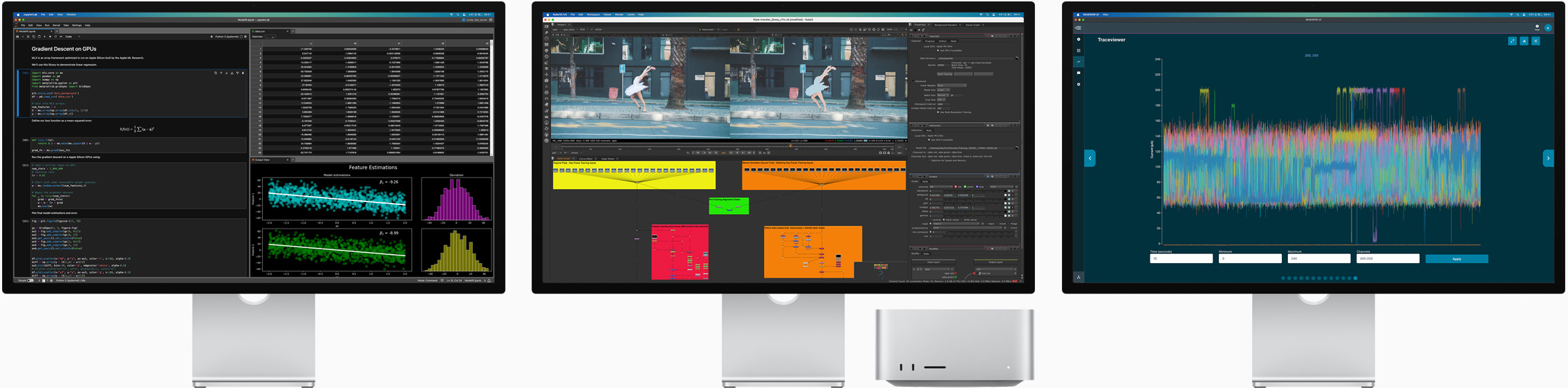 Mac Studio 和三台 Studio Display 显示器，三个屏幕分别显示不同的 macOS app