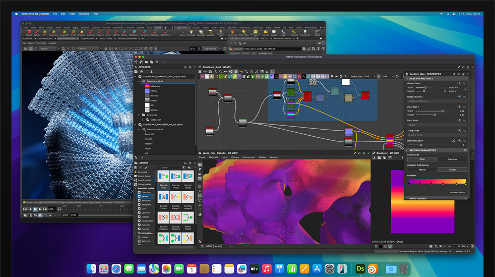 在搭载 M4 Max 芯片的 Mac Studio 上使用 Adobe Substance 3D Designer、Houdini 和 Redshift 这几个应用程序进行编辑的画面