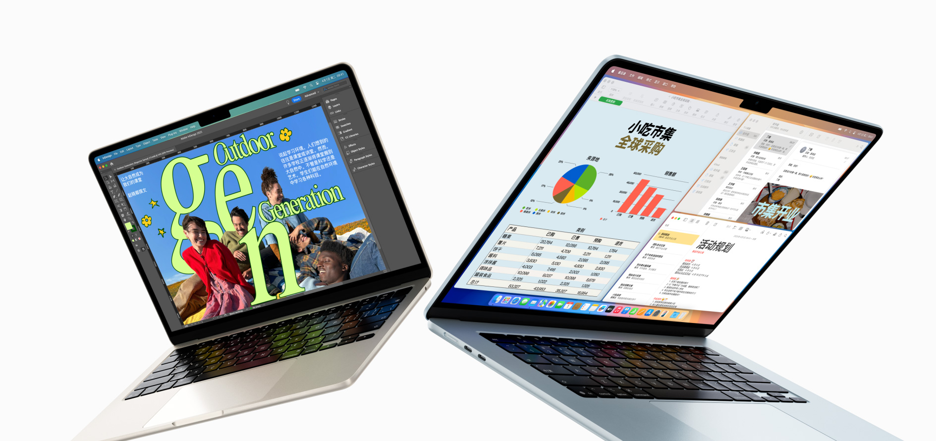 半开半合的 13 英寸和 15 英寸 MacBook Air,一个屏幕显示正在处理的设计作品,另一个屏幕显示邮件和电子表格之间的多任务处理