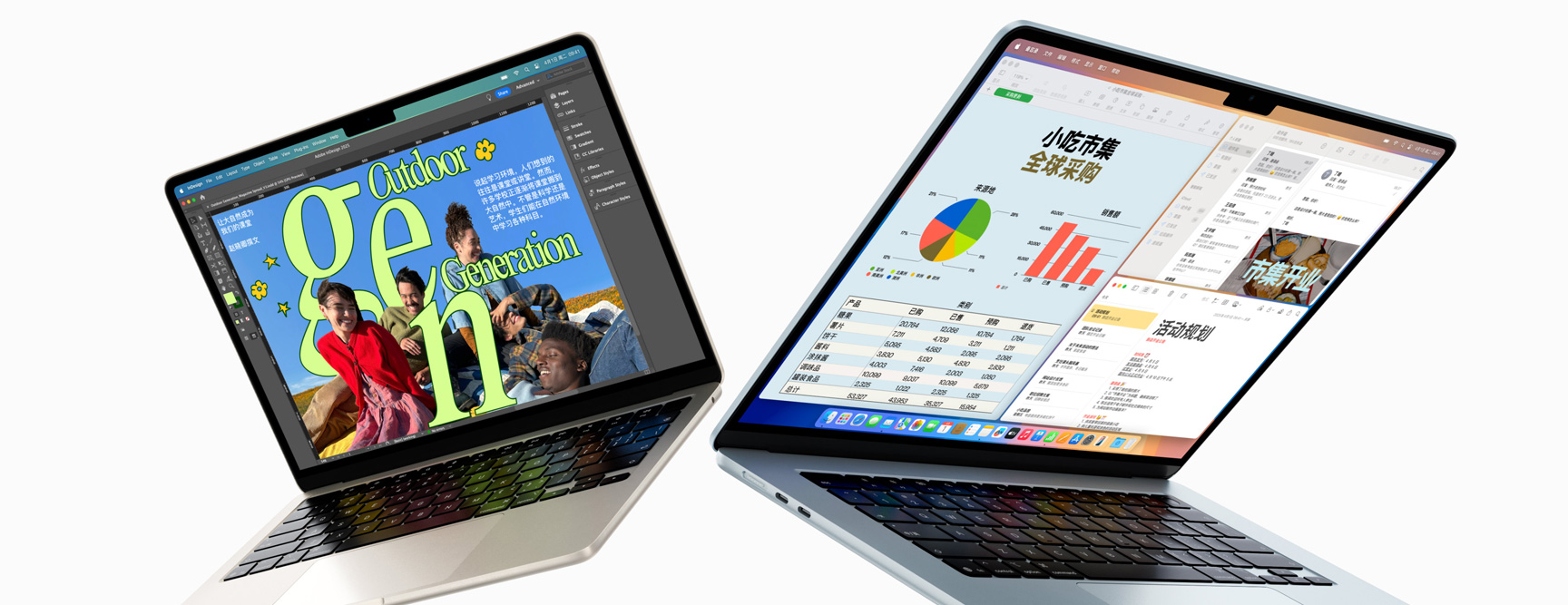半开半合的 13 英寸和 15 英寸 MacBook Air,一个屏幕显示正在处理的设计作品,另一个屏幕显示邮件和电子表格之间的多任务处理