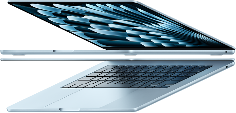 两台呈打开状态的天蓝色 MacBook Air 笔记本电脑，组成一个箭头形状，着重展示纤薄机身