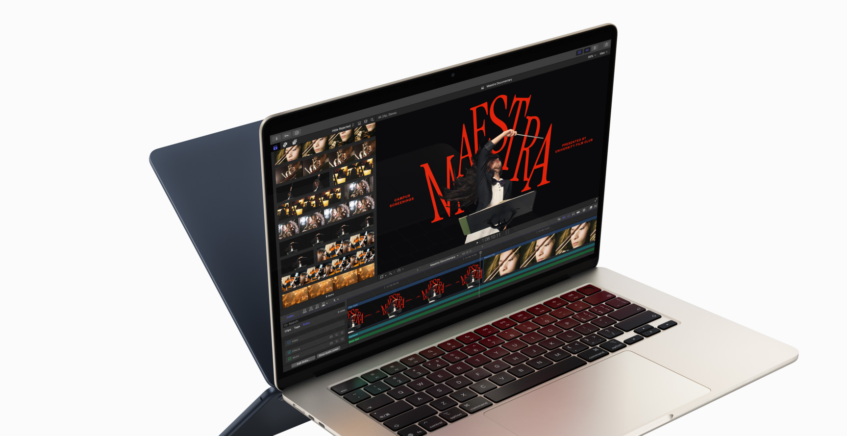 MacBook Air 显示使用 Final Cut Pro 进行视频剪辑的画面，以体现 M4 芯片的强大性能。另外还有一台 MacBook Air 背靠背放置，形成类似镜像的视觉效果