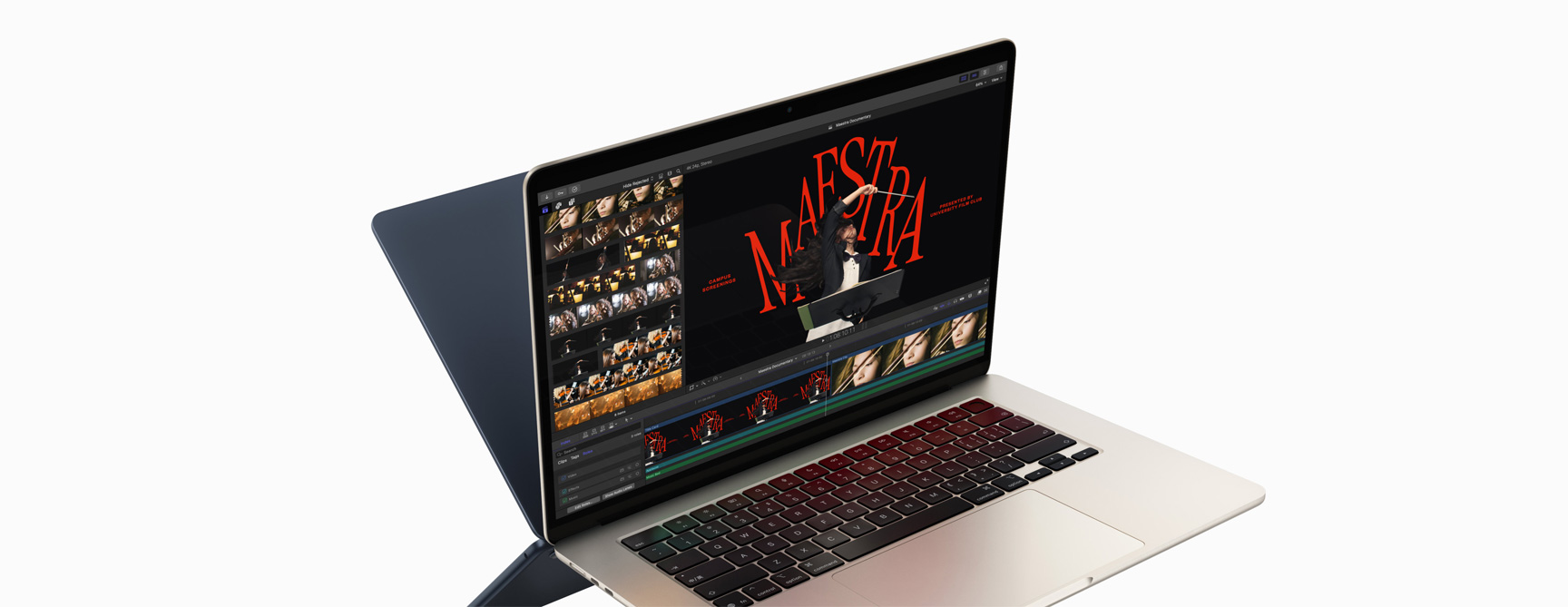 MacBook Air 显示使用 Final Cut Pro 进行视频剪辑的画面，以体现 M4 芯片的强大性能。另外还有一台 MacBook Air 背靠背放置，形成类似镜像的视觉效果