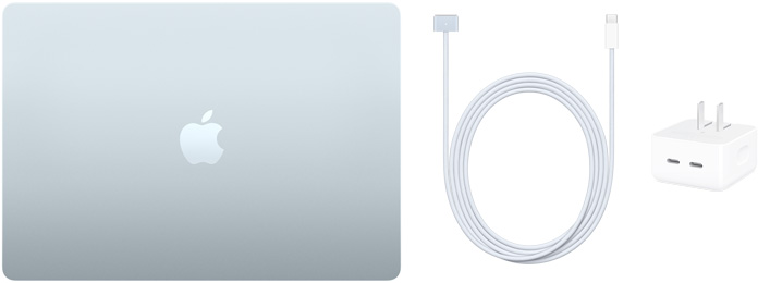 15 英寸 MacBook Air、USB-C 转 MagSafe 3 连接线和 35W 双 USB-C 端口小型电源适配器。
