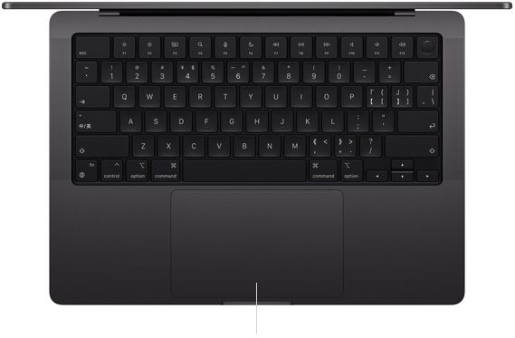 呈打开状态的 14 英寸 MacBook Pro 的俯视图,展示位于键盘下方的力度触控板。