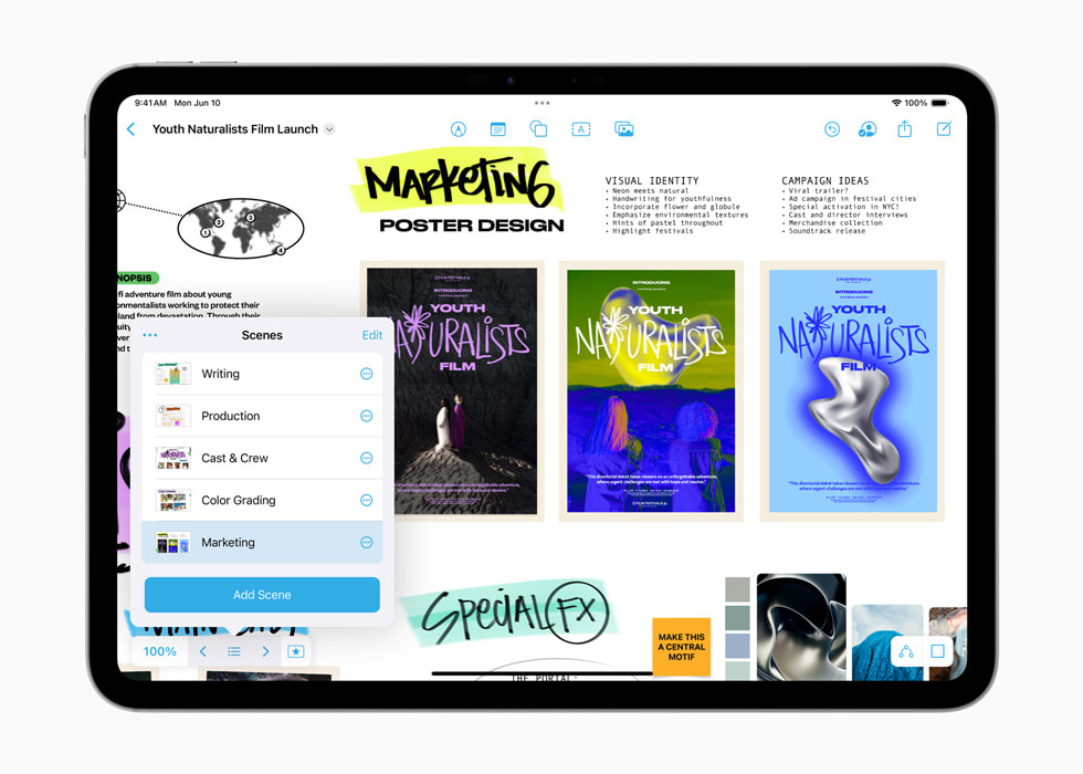 iPad Pro 上显示着名为“营销海报设计”的项目。