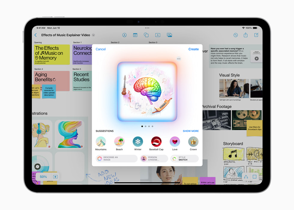 iPad Pro 上显示着一个名为“音乐对记忆的作用”的项目，配有一个人的轮廓和彩色音符的草图。