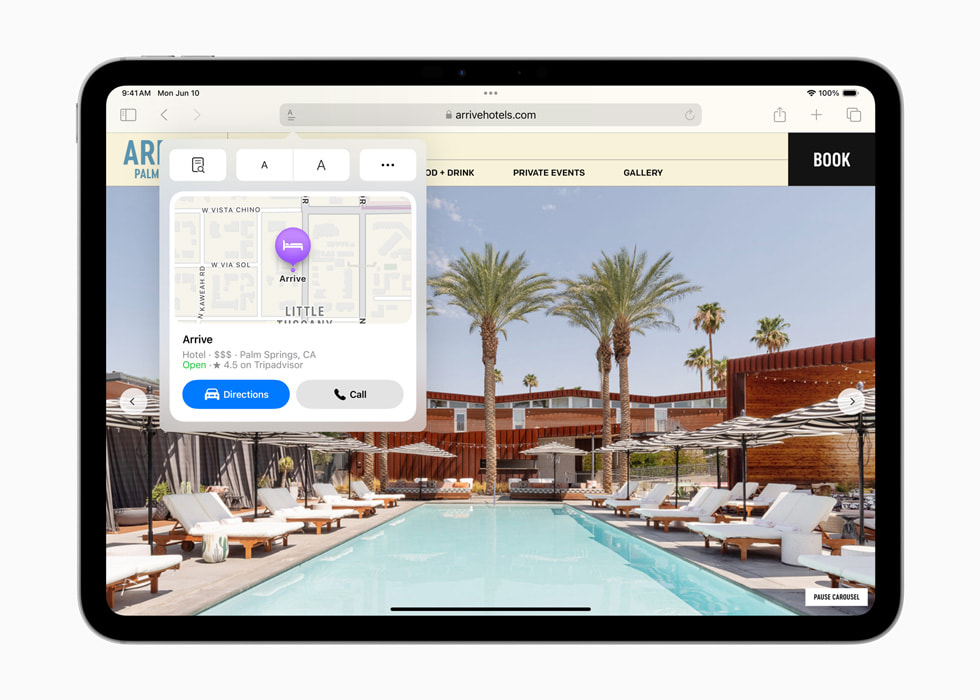 iPad Pro 上显示着一家酒店的网站，并标出酒店在地图上的位置。 