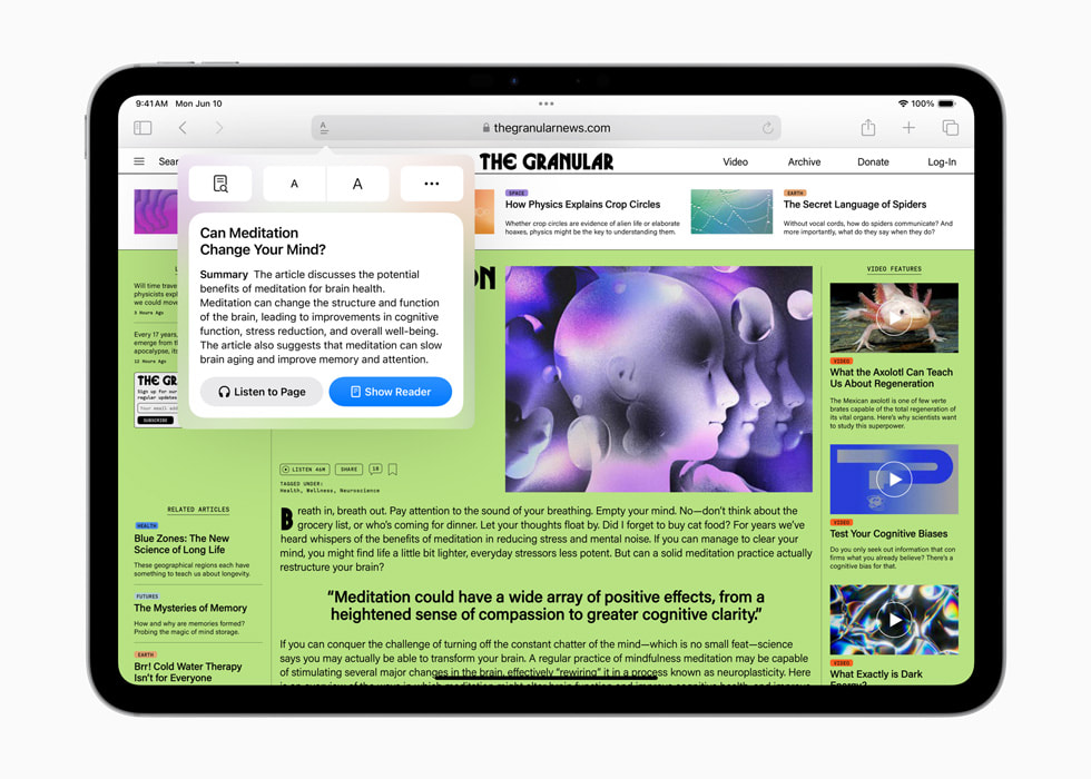 iPad Pro 上显示着《The Granular》上一篇关于冥想的文章，并在一个方框中显示文章的摘要。 