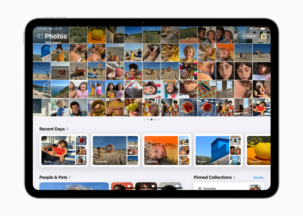 iPad Pro 显示照片 app 内的照片网格，以及标有 “最近几天”、“人物和宠物”和 “置顶相簿” 的相簿。