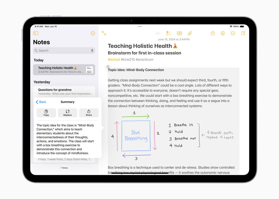 iPad Pro 上显示一篇标为“倡导整体健康”的笔记，旁边的Summarize 中显示一段提炼文章信息的文字。 