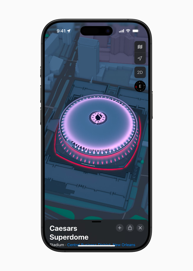 iPhone 16 Pro 上的 Apple 地图 app 里显示着新奥尔良市 Caesars Superdome 体育场的 3D 地标。