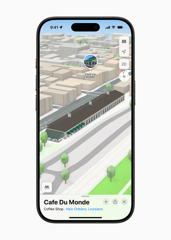 iPhone 16 Pro 上的 Apple 地图 app 里显示着新奥尔良市 Cafe Du Monde 咖啡厅的 3D 地标。