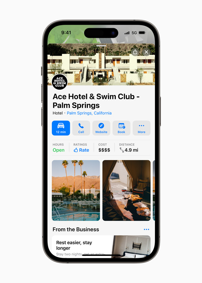 图中显示 Ace Hotel & Swim Club 位于加州棕榈泉的地点卡。