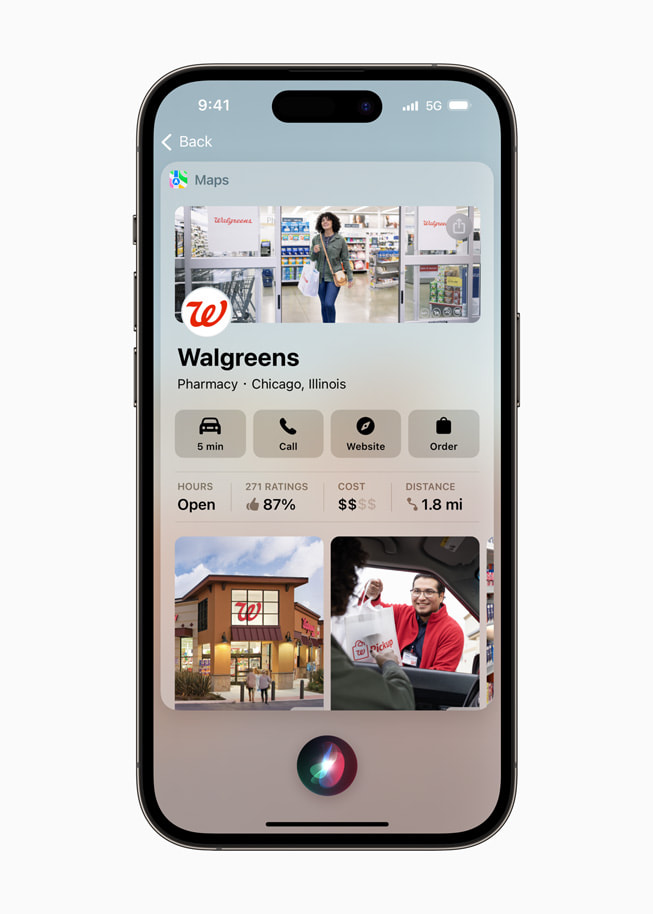 Apple 地图上显示 Walgreens 公司位于芝加哥的地点卡。