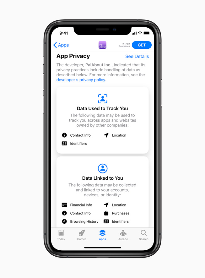iPhone 11 Pro 上显示 App Store 中新的隐私标签。