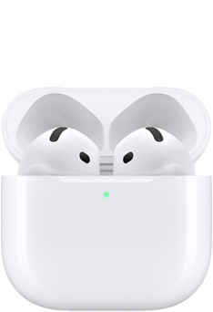 AirPods 放在充电盒内，盒盖打开。