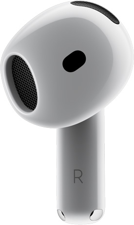 AirPods 4,展示 AirPods 的正面视图,配有横线指向“入耳超贴合”文字。
