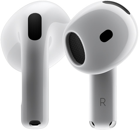 两只 AirPods 4 围绕彼此旋转,在多个不同角度停下来。