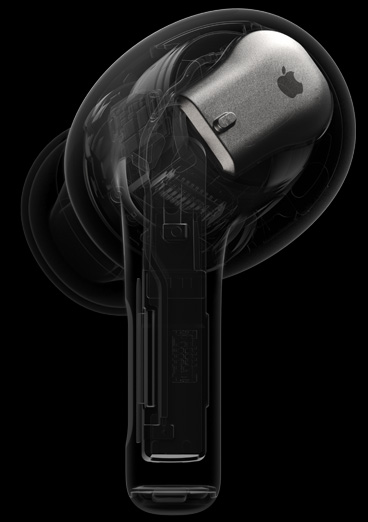 AirPods Pro 的内部透视图,重点展示 H2 芯片外壳。