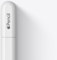图片展示 Apple Pencil USB-C 的尾部，具有圆润的末端、Apple 标志和 Pencil 字样。 靠近末端处有一条线，表示笔帽可由此推动打开，内部端口用来与 USB-C 连接线相连。