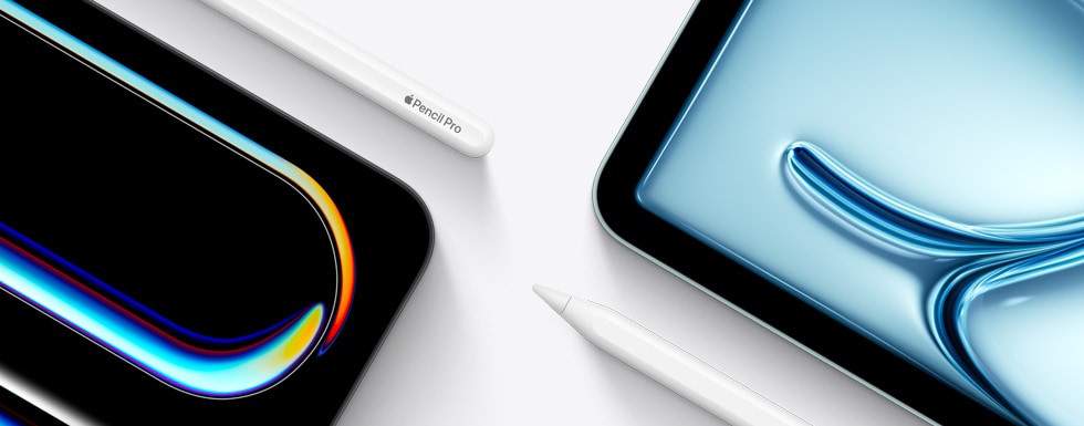 画面展示 iPad Pro 的右上角，旁边放着的 Apple Pencil Pro 露出尾部；以及 iPad Air 的左上角， 旁边放着的 Apple Pencil USB-C 露出笔头部分。 
