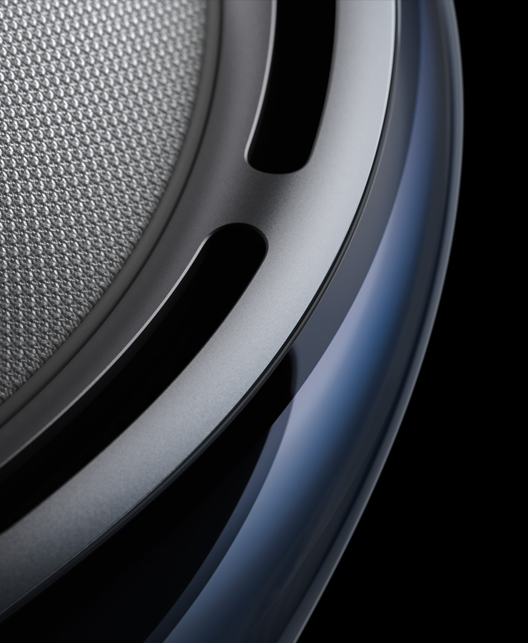 Apple Vision Pro 近距离特写,展示其顶部和正面。