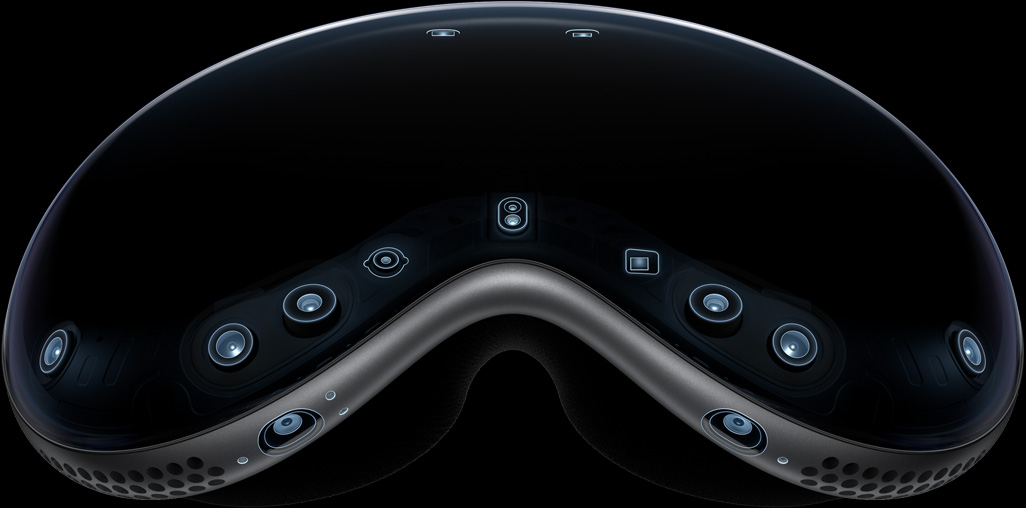Apple Vision Pro 的外部视图,突出展示摄像头和传感器阵列。
