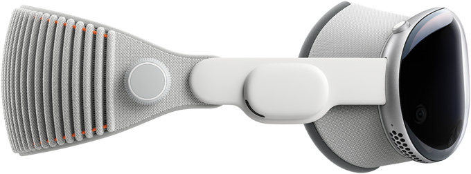 Apple Vision Pro 的侧面视图,装有遮光罩和可调节编织头带。