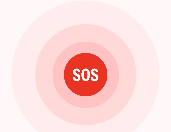 红底白字的 SOS 图标，红色圆圈图案向外辐射，颜色由深变浅。