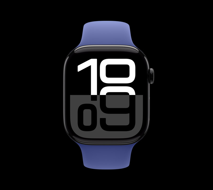 亮黑色铝金属外观 Apple Watch Series 10 的正面视图。
