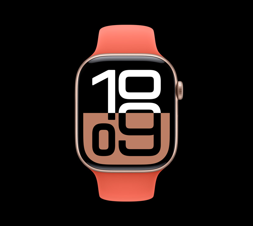 玫瑰金色铝金属外观 Apple Watch Series 10 的正面视图。