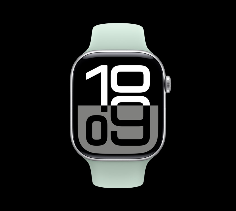银色铝金属外观 Apple Watch Series 10 的正面视图。