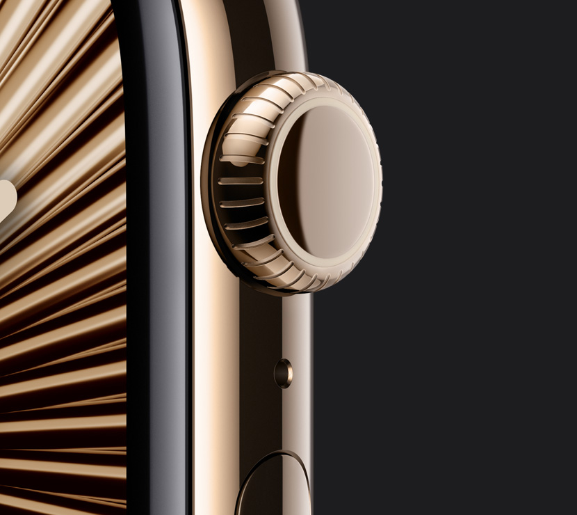 原色钛金属外观、金色钛金属外观和石板色钛金属外观 Apple Watch Series 10 的表壳的特写，展示各自的数码表冠。互动式外观选择器位于图片下方。