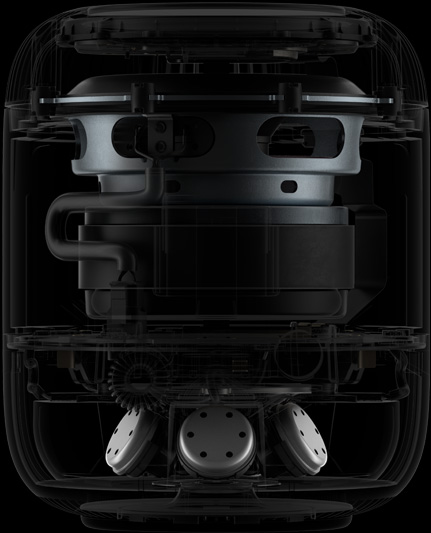 HomePod 侧面内部结构图,展示内部主要组件