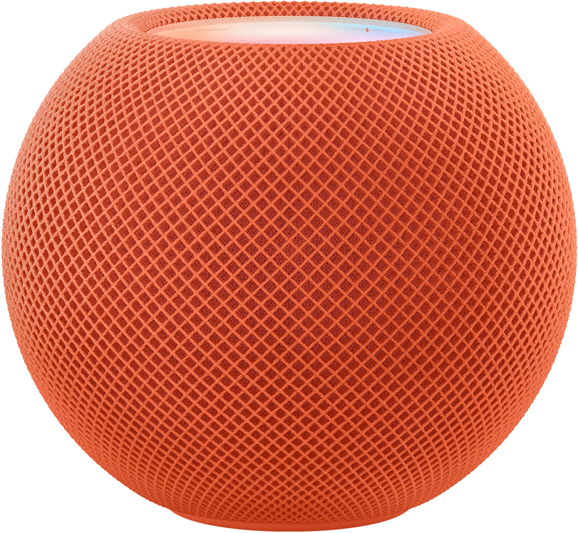橙色 HomePod mini,上方呈现动态多彩像素拼成的“mini”字样。
