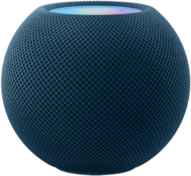 蓝色 HomePod mini,上方呈现动态多彩像素拼成的“mini”字样。