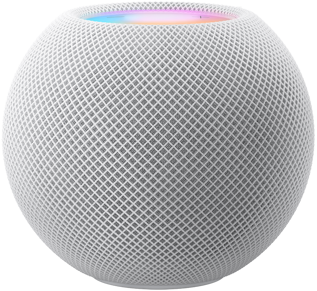 白色 HomePod mini,上方呈现动态多彩像素拼成的“mini”字样。