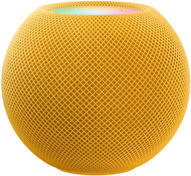 黄色 HomePod mini,上方呈现动态多彩像素拼成的“mini”字样。
